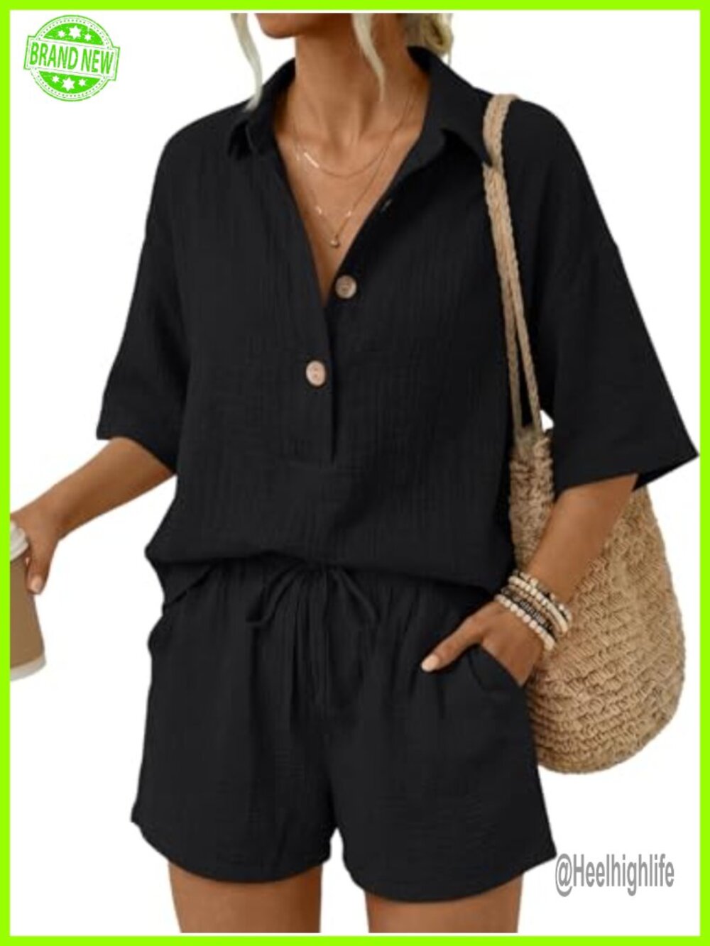 Women's 2 Piece Cotton Short Set V-Neck Button Down Matching Summer Outfit